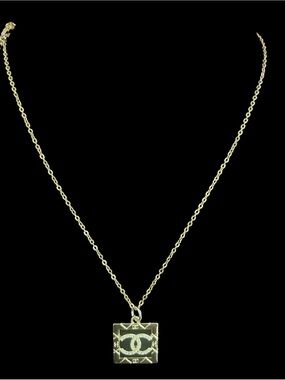 CC Gold-Tone Chain Necklace with Square Interlocking Logo Pendant